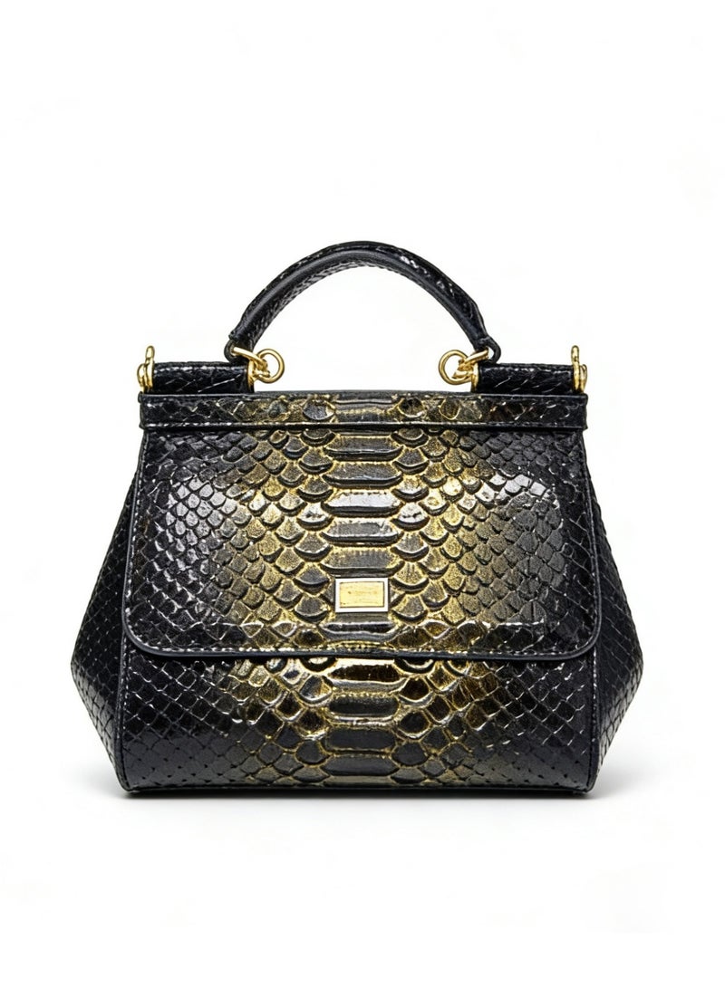 D&G Dolce&Gabbana gradient black Lizard Pattern Leather Sicily Bag - Gold Hardware, Top Handle and Convertible Strap, Signature Sign, Luxury Structured Handbag for Daily and Formal Occasions, Exquisite Luxury Small Bag, Gift Box Packaging, Banquet Small Bag - Image 3