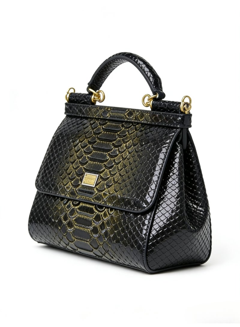 D&G Dolce&Gabbana gradient black Lizard Pattern Leather Sicily Bag - Gold Hardware, Top Handle and Convertible Strap, Signature Sign, Luxury Structured Handbag for Daily and Formal Occasions, Exquisite Luxury Small Bag, Gift Box Packaging, Banquet Small Bag - Image 5