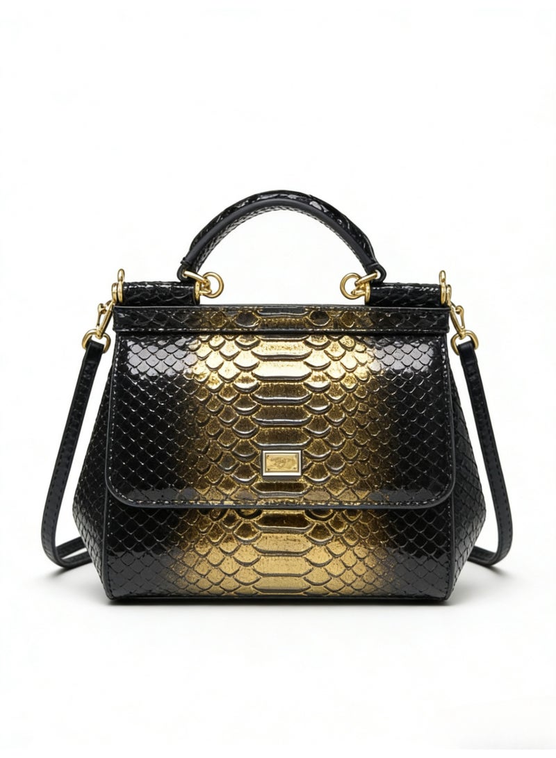 D&G Dolce&Gabbana gradient black Lizard Pattern Leather Sicily Bag - Gold Hardware, Top Handle and Convertible Strap, Signature Sign, Luxury Structured Handbag for Daily and Formal Occasions, Exquisite Luxury Small Bag, Gift Box Packaging, Banquet Small Bag - Image 1