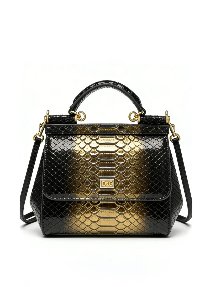D&G DG bag gradient black Lizard Pattern Leather Sicily Bag - Gold Hardware, Top Handle and Convertible Strap, Signature Sign, Luxury Structured Handbag for Daily and Formal Occasions, Exquisite Luxury Small Bag, Gift Box Packaging, Banquet Small Bag - Image 1