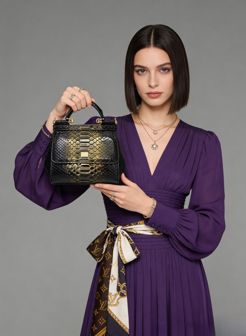 D&G DG bag gradient black Lizard Pattern Leather Sicily Bag - Gold Hardware, Top Handle and Convertible Strap, Signature Sign, Luxury Structured Handbag for Daily and Formal Occasions, Exquisite Luxury Small Bag, Gift Box Packaging, Banquet Small Bag - Image 4