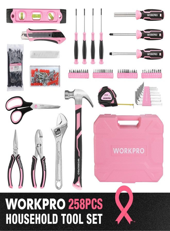 WORKPRO Pink Tool Set, 258 PCS Tool Kit for Women, Basic Household Case with Hammer, Screwdriver Set, Portable for Home Repair, New Apartment, House-Warming, DIY - Pink Ribbon - Image 2