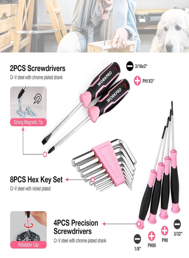 WORKPRO Pink Tool Set, 258 PCS Tool Kit for Women, Basic Household Case with Hammer, Screwdriver Set, Portable for Home Repair, New Apartment, House-Warming, DIY - Pink Ribbon - Image 5
