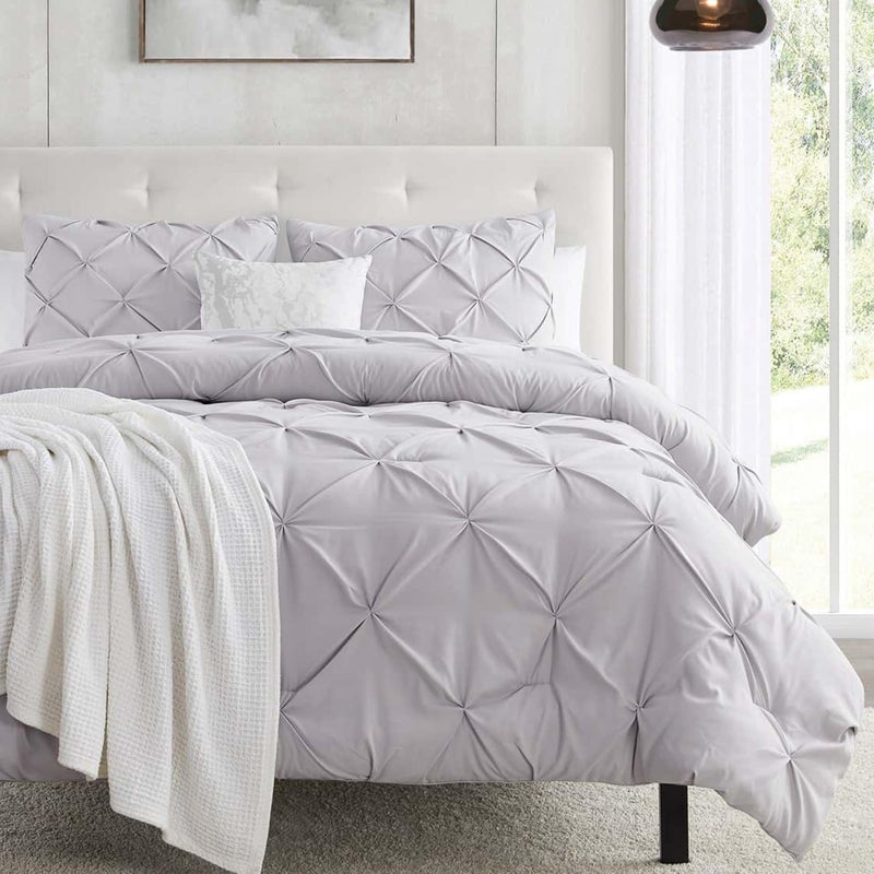Nestl California King Duvet Cover Grey Lavender  Soft Double Brushed Duvet Set with Button Closure  Corner Ties 3 Piece Luxurious Pinch Pleated Duvet Cover Set 104x98 Inches with 2 Pillow Shams