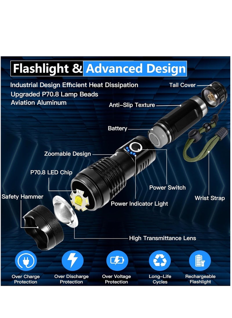 QLIGHT - Rechargeable Flashlight 990000 High Lumens, XHP70.2 Super Bright Tactical Flashlights, Led Flash lights with 5 Modes, Zoomable, Type-C, IPX65 Waterproof, Powerful Flash Light for Camping Hiking Running & Cycling - Image 1