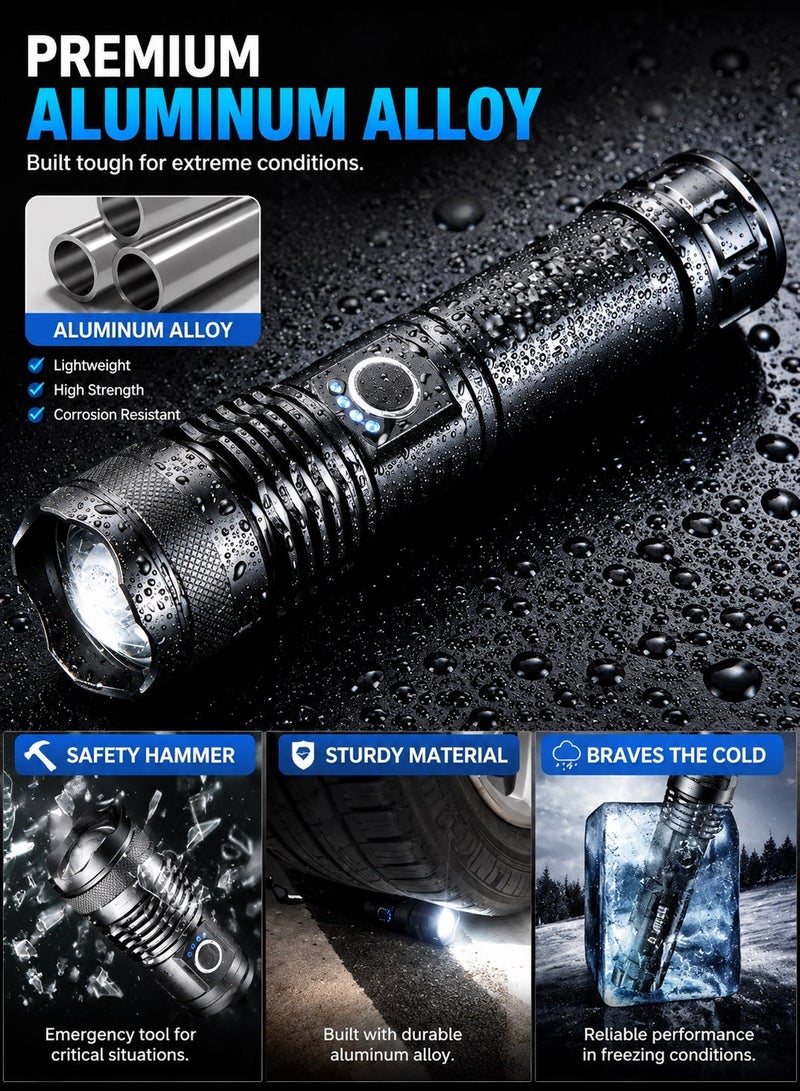 QLIGHT Rechargeable Flashlight 990000 High Lumens, XHP70.2 Super Bright Tactical Flashlights, Led Flash lights with 5 Modes, Zoomable, Type-C, IPX65 Waterproof, Powerful Flash Light for Camping Hiking Running & Cycling - Image 3