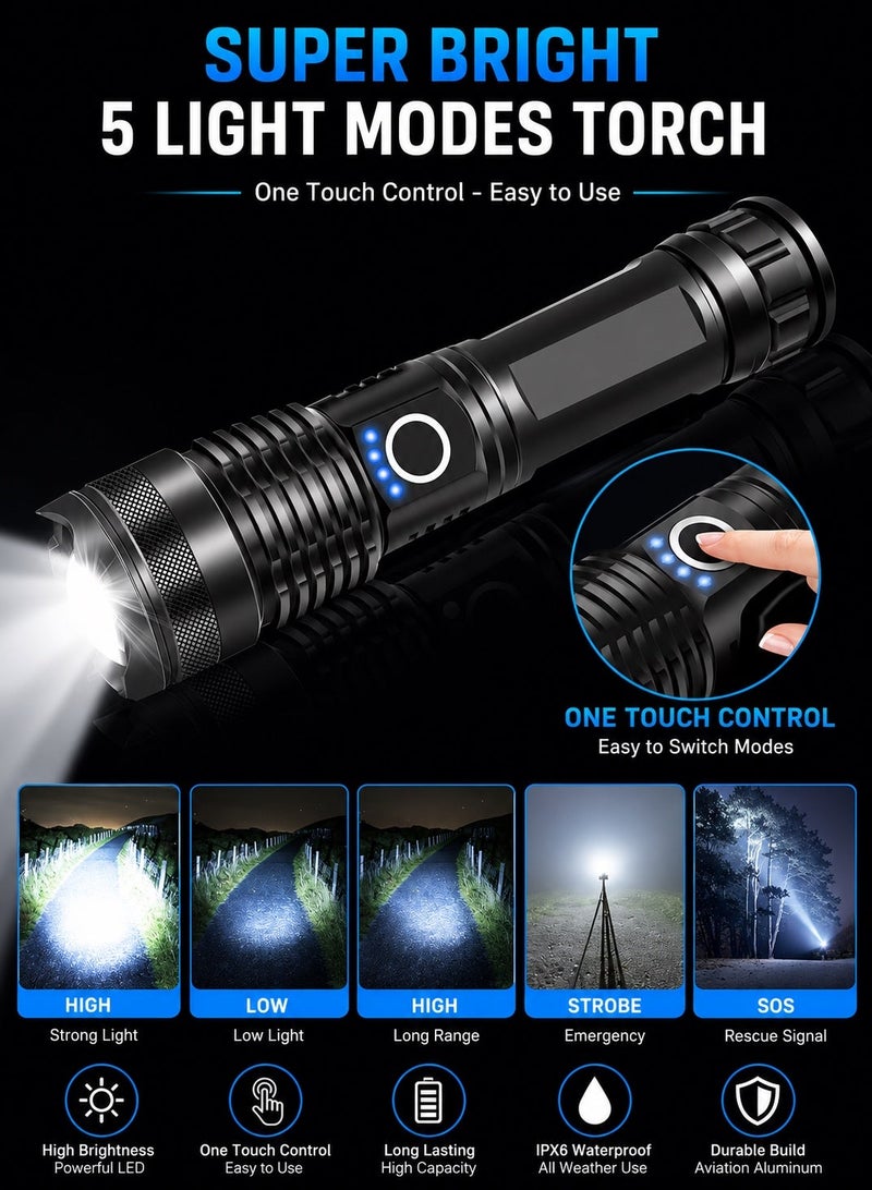QLIGHT Rechargeable Flashlight 990000 High Lumens, XHP70.2 Super Bright Tactical Flashlights, Led Flash lights with 5 Modes, Zoomable, Type-C, IPX65 Waterproof, Powerful Flash Light for Camping Hiking Running & Cycling - Image 2