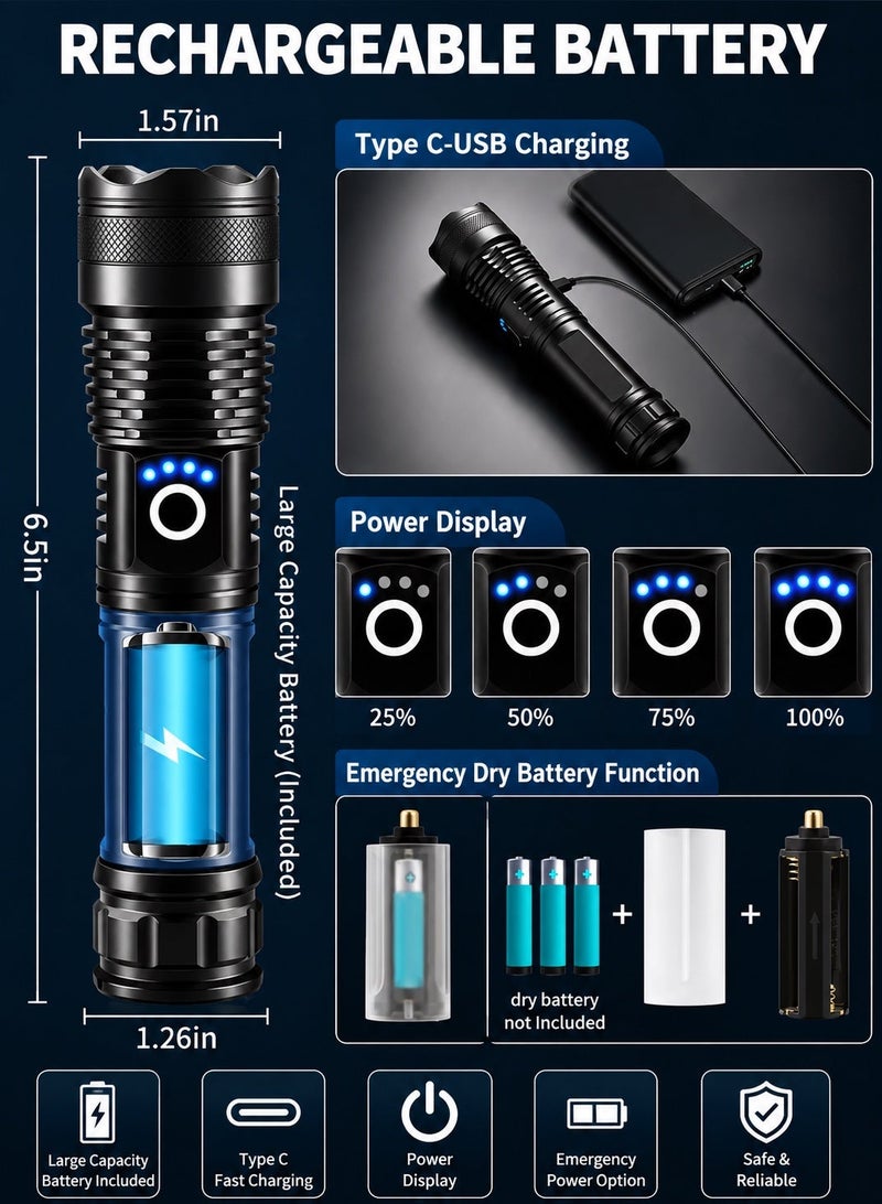 QLIGHT Rechargeable Flashlight 990000 High Lumens, XHP70.2 Super Bright Tactical Flashlights, Led Flash lights with 5 Modes, Zoomable, Type-C, IPX65 Waterproof, Powerful Flash Light for Camping Hiking Running & Cycling - Image 4