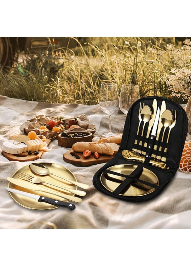 XiuWoo Stainless Steel Tableware Set for Camping and Picnics - Portable 10 Piece Kit with Knife, Fork, Spoon, Plate, Steak Clip  - Image 3