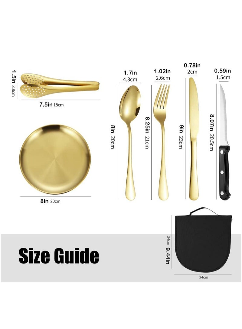 XiuWoo Stainless Steel Tableware Set for Camping and Picnics - Portable 10 Piece Kit with Knife, Fork, Spoon, Plate, Steak Clip  - Image 2