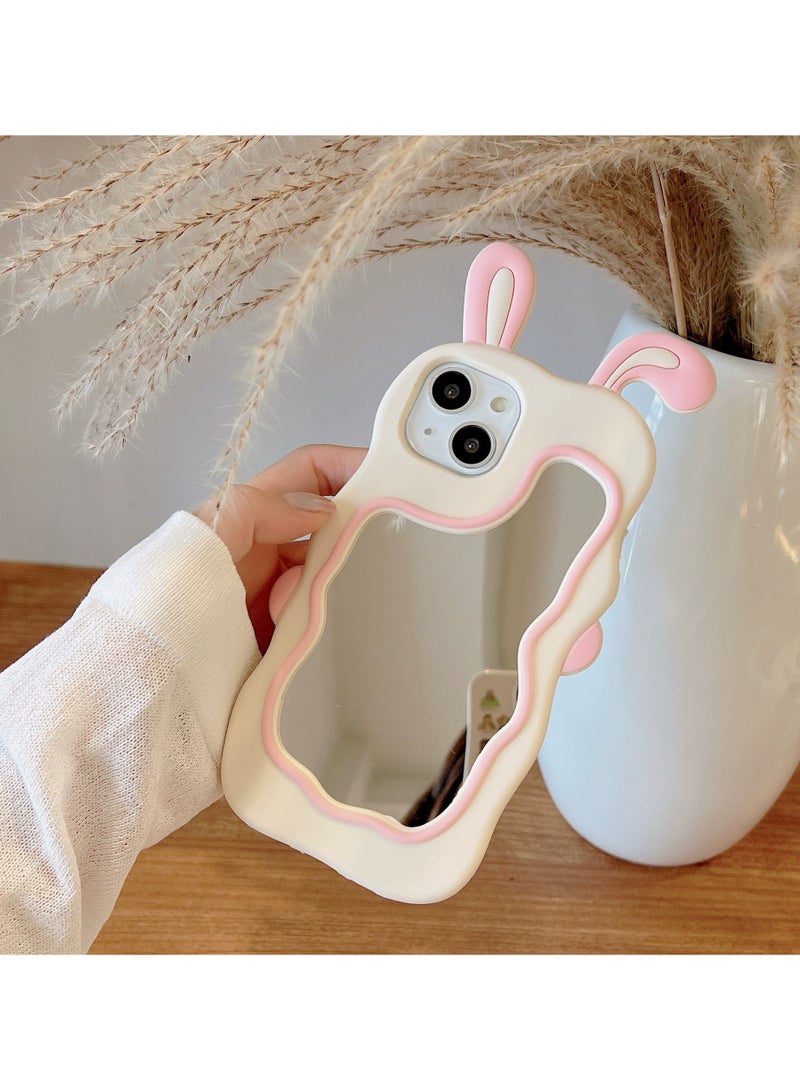 KHAJUL Silicone Phone Case, Cute Rabbit Ears, Detachable Makeup Mirror, Compatible with iPhone 15/14/13 (Pink) - Image 2