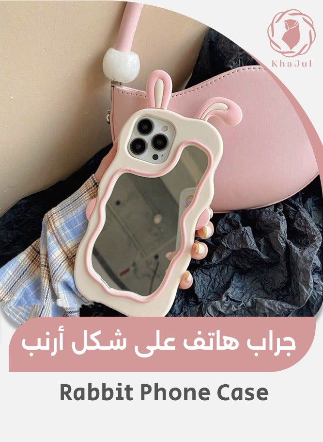 KHAJUL Silicone Phone Case, Cute Rabbit Ears, Detachable Makeup Mirror, Compatible with iPhone 15/14/13 (Pink) - Image 1