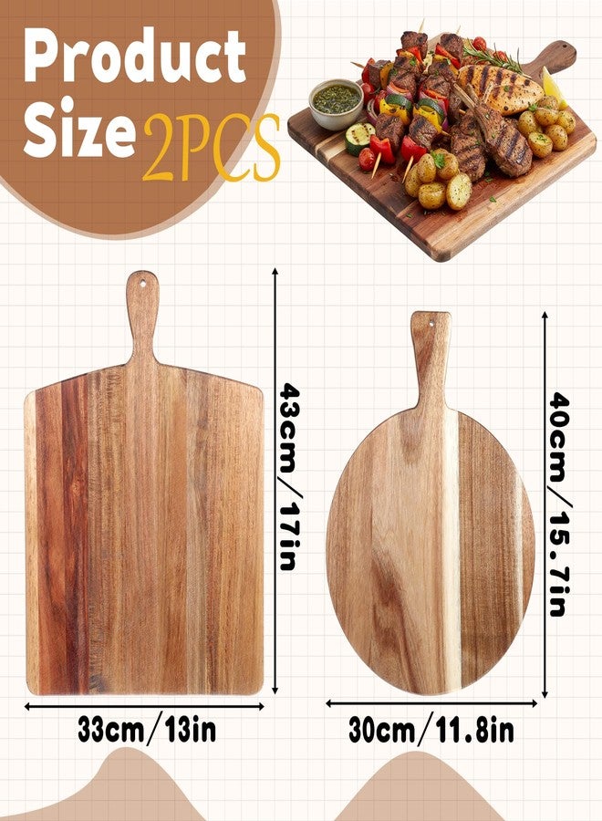 Exclaith 2 Pcs Acacia Wood Cutting Board with Handles Charcuterie Boards for Kitchen Round & Rectangular Wooden Cutting Board Set for Cheese Meat Fruit Pizza Bread, 16x12 Inch, 17x13 Inch - Image 2