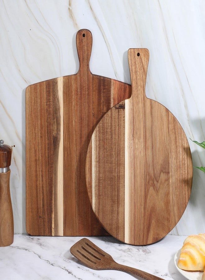 Exclaith 2 Pcs Acacia Wood Cutting Board with Handles Charcuterie Boards for Kitchen Round & Rectangular Wooden Cutting Board Set for Cheese Meat Fruit Pizza Bread, 16x12 Inch, 17x13 Inch - Image 4