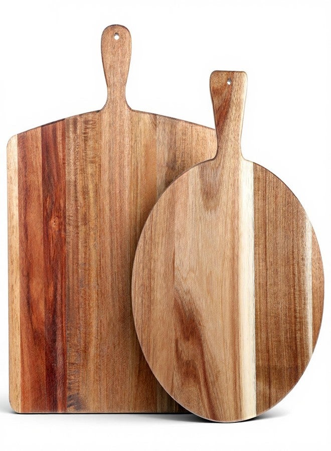 Exclaith 2 Pcs Acacia Wood Cutting Board with Handles Charcuterie Boards for Kitchen Round & Rectangular Wooden Cutting Board Set for Cheese Meat Fruit Pizza Bread, 16x12 Inch, 17x13 Inch - Image 1