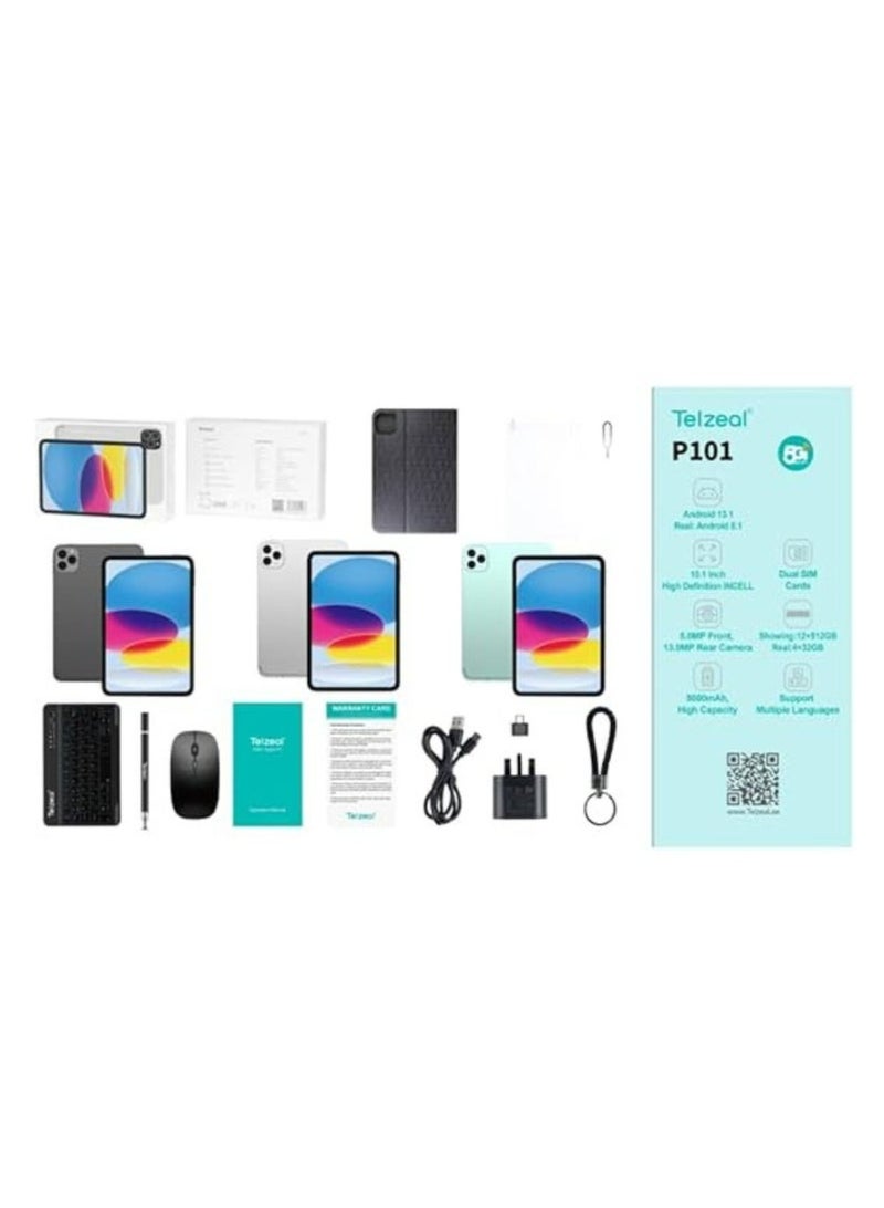 Telzeal P101 Android 13 Tablet – 10.1-Inch HD Touchscreen, 8GB RAM + 512GB ROM, Dual SIM + 5G WiFi Connectivity, Octa-Core Processor, 8000mAh Battery, Includes Wireless Keyboard & Mouse, Front & Rear Cameras – Green Tablet for Office, Study & Entertainment - Image 2