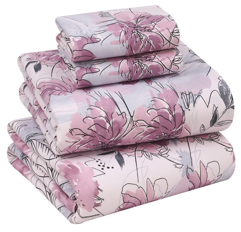 Ruvanti 100% Cotton Bed Sheets, 4 Pcs Bed Sets, Lilac Floral Print Full Size Sheets Set, Soft, Breathable, Deep Pocket Sheets, Cooling Bedding Sheets Set Include 1 Flat, 1 Fitted Sheet, 2 Pillowcases. - Image 1