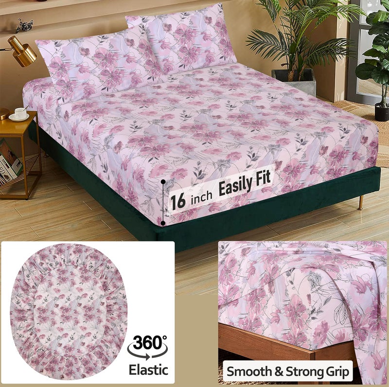 Ruvanti 100% Cotton Bed Sheets, 4 Pcs Bed Sets, Lilac Floral Print Full Size Sheets Set, Soft, Breathable, Deep Pocket Sheets, Cooling Bedding Sheets Set Include 1 Flat, 1 Fitted Sheet, 2 Pillowcases. - Image 5
