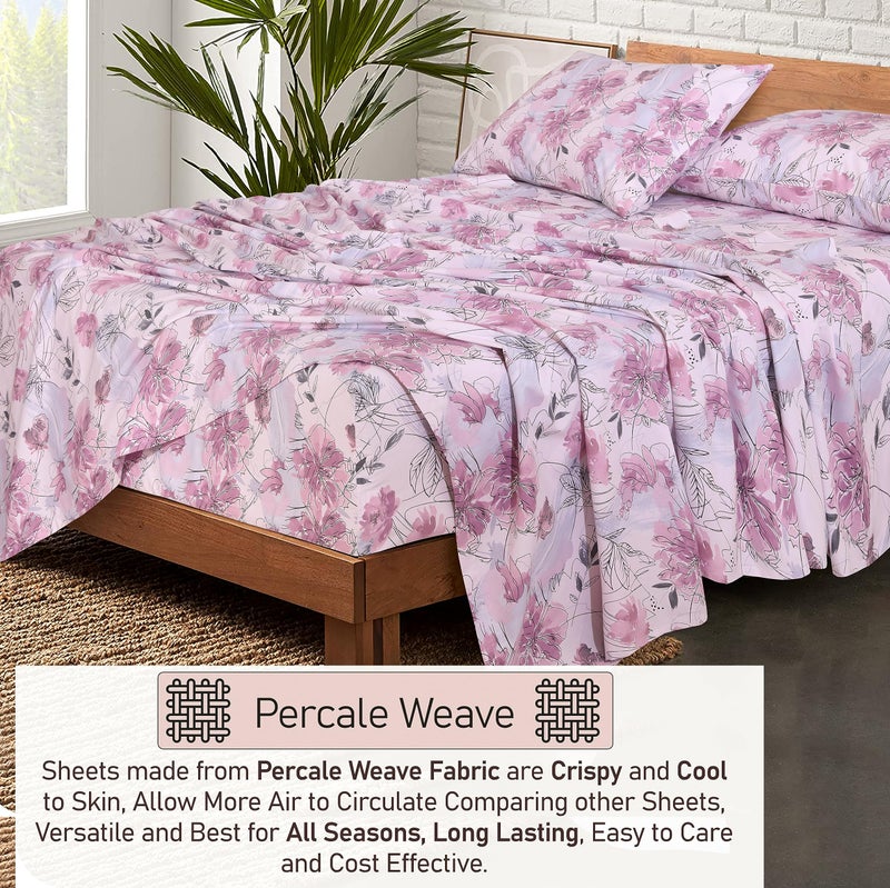 Ruvanti 100% Cotton Bed Sheets, 4 Pcs Bed Sets, Lilac Floral Print Full Size Sheets Set, Soft, Breathable, Deep Pocket Sheets, Cooling Bedding Sheets Set Include 1 Flat, 1 Fitted Sheet, 2 Pillowcases. - Image 3