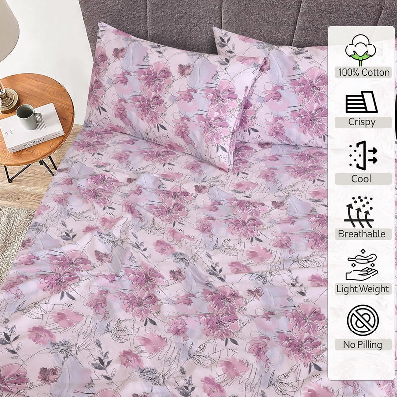 Ruvanti 100% Cotton Bed Sheets, 4 Pcs Bed Sets, Lilac Floral Print Full Size Sheets Set, Soft, Breathable, Deep Pocket Sheets, Cooling Bedding Sheets Set Include 1 Flat, 1 Fitted Sheet, 2 Pillowcases. - Image 2