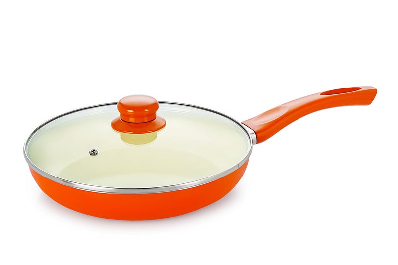 NIRLON New Reinforced 4 Layer Ceramic Coating Non Stick Induction Frying Pan with Glass Lid, Beige & Orange (Aluminium, Stainless Steel, Bakelite, Glass) Brown/Orange Colour May Vary - Image 1
