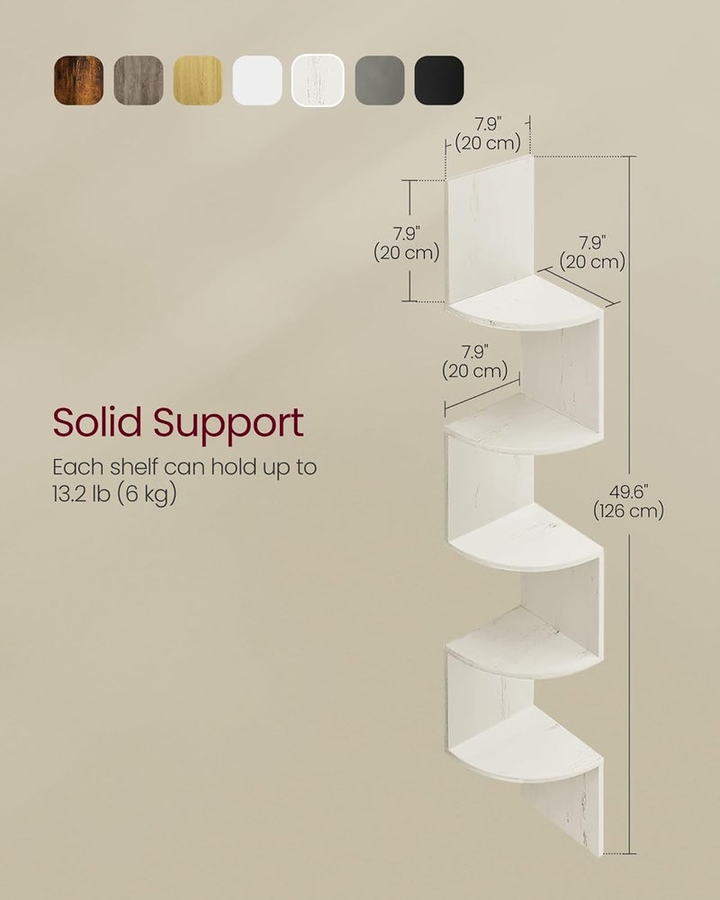 VASAGLE Corner Shelf Wall Mount, 5-Tier Floating Corner Bookshelf, Plant Shelf for Bedroom, Living Room, Bathroom, Home Office, Rustic White - Image 2
