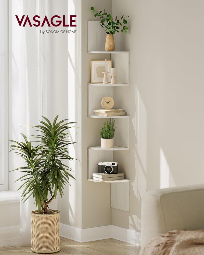 VASAGLE Corner Shelf Wall Mount, 5-Tier Floating Corner Bookshelf, Plant Shelf for Bedroom, Living Room, Bathroom, Home Office, Rustic White - Image 1