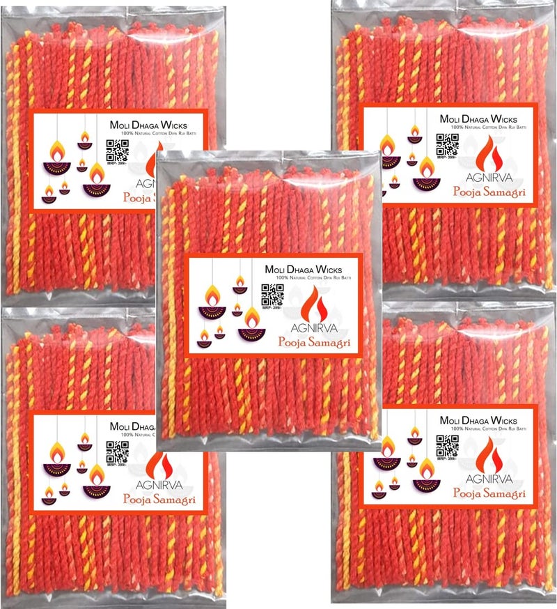 Agnirva Agnirva Long Twisted Special Cotton Moli DhagaKalava Double Wicks Lambi Double Diya Batti Rui Batti for Pooja Red Color Pack of 100 Pcs Set of 6 Vattalu Deepam for aarti puja  - Image 3