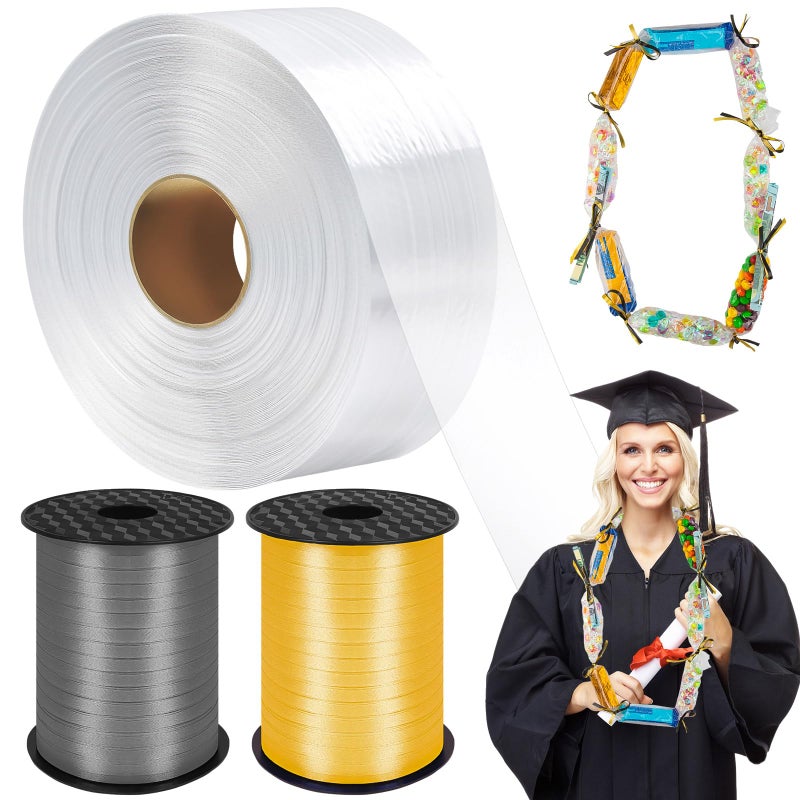 KVCSYAW Candy Lei Poly Tubing, 2 Inch x 1000 ft Clear Graduation Candy Lei Making Kit with 2 Rolls 500 YD Ribbon, Clear Shipping Poly Tubing for DIY Graduation Wreaths Packing Snacks - Image 1