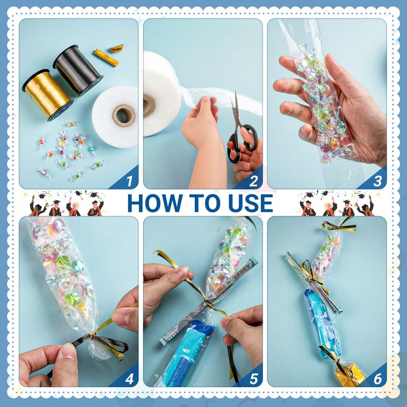 KVCSYAW Candy Lei Poly Tubing, 2 Inch x 1000 ft Clear Graduation Candy Lei Making Kit with 2 Rolls 500 YD Ribbon, Clear Shipping Poly Tubing for DIY Graduation Wreaths Packing Snacks - Image 3
