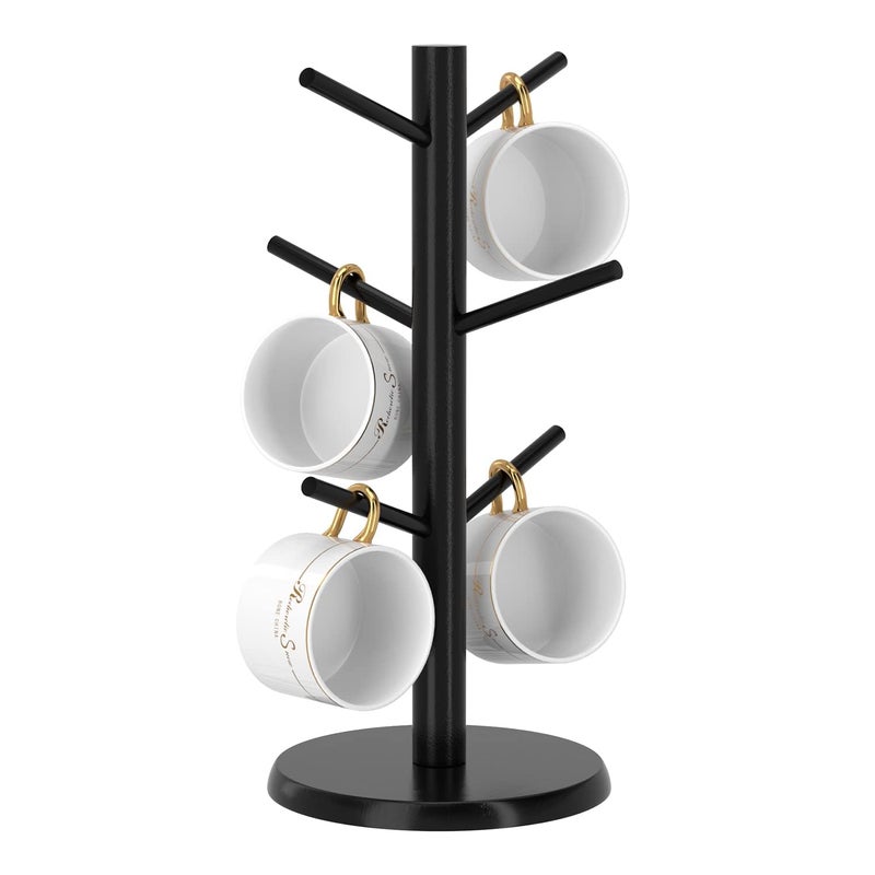Wisuce Black Coffee Mug Tree Updated Thick Bamboo Mug Holder BaseCoffee Cup Stand Mug Holders with 6 Hooks for Countertop Cup Rack Organizer Stand Black