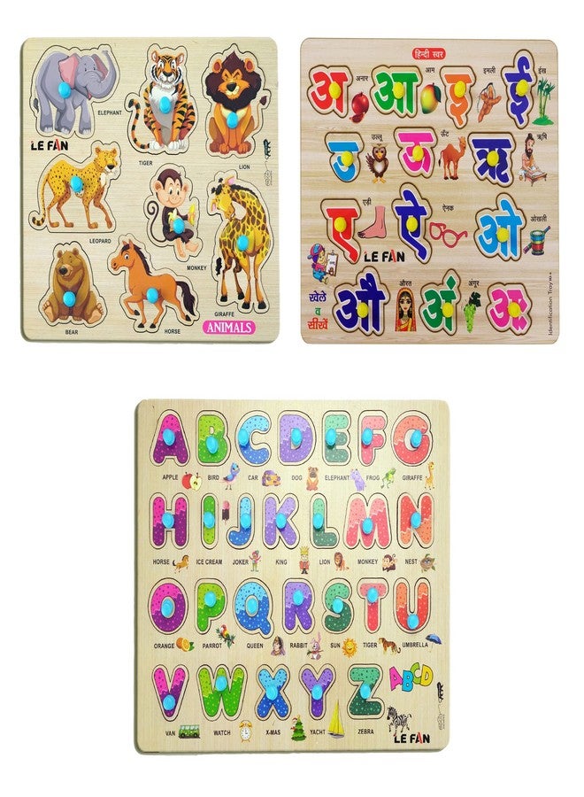 Lefan® Kids Fort Pre Nursery Educational Jigsaw Puzzles for Adults Kids Learning Toys Kit Board Game 3 pcs Set of Animals Alphabets & Hindi Letters Educational Toy - Image 1