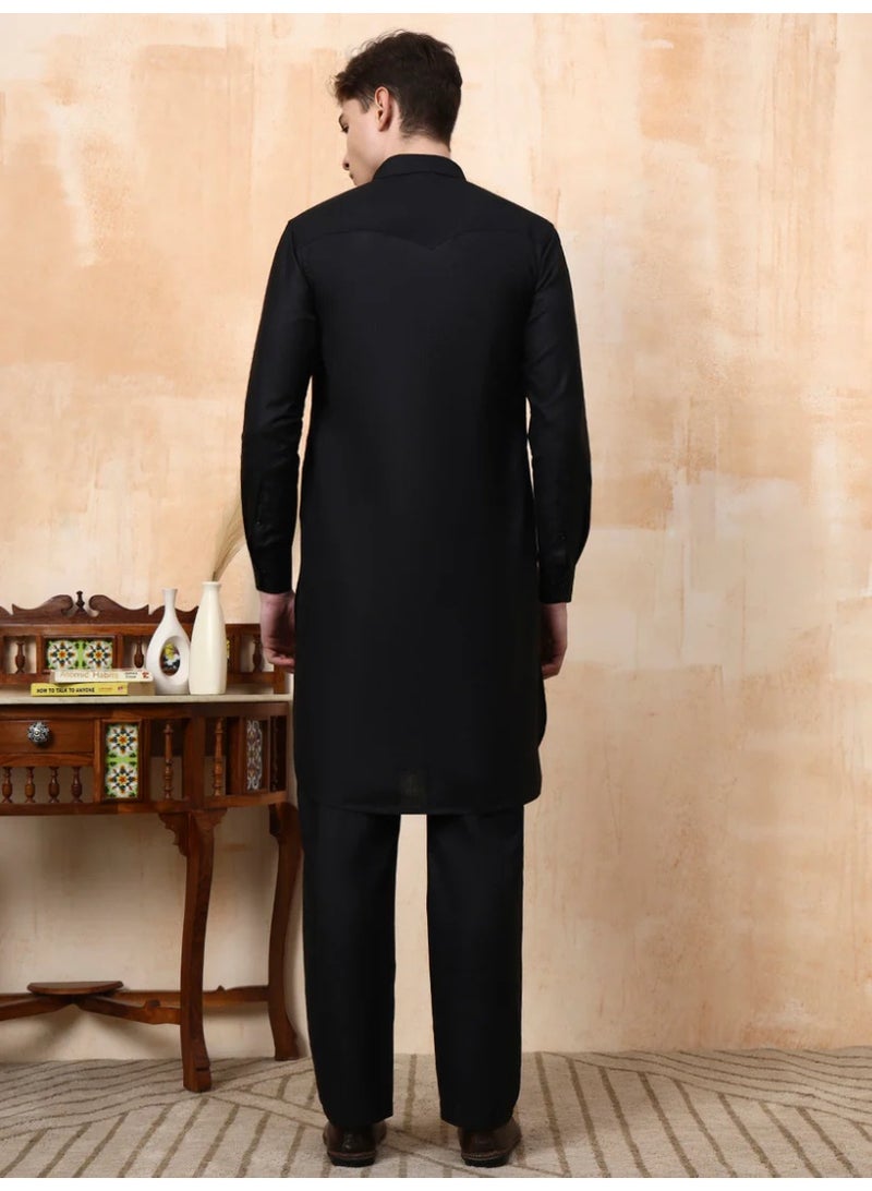Devoiler Mens Black Cotton Pathani Kurta set - Image 4