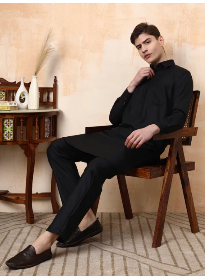 Devoiler Mens Black Cotton Pathani Kurta set - Image 5