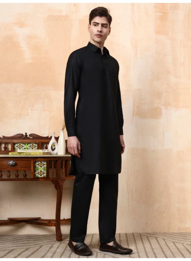 Devoiler Mens Black Cotton Pathani Kurta set - Image 1
