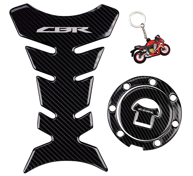 REVSOSTAR Real Carbon Look, Fuel Gas Tank Cap, Protector Pad, Tank Pad Decal Stickers, Tank Protector with Keychain for CBR600RR 2003-2015 CBR1000RR 2004-2015, 3PCS Per Set (SILVER)