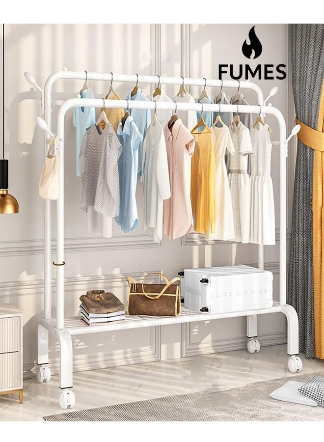 FUMES Heavy-Duty Double Rod Clothes Rack with Bottom Shelf and Wheels Steel Garment Organizer Stand - Image 1