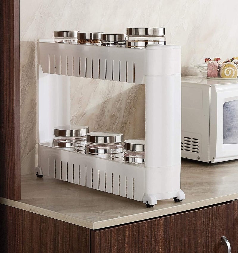 Orrda Plastic 2 Tier Space Saving Storage Organizer Slim Rack Shelf with Wheels || Slim Slide Out Kitchen Trolley Rack Holder Storage Organizer for Kitchen, Bathroom (White) - Image 3