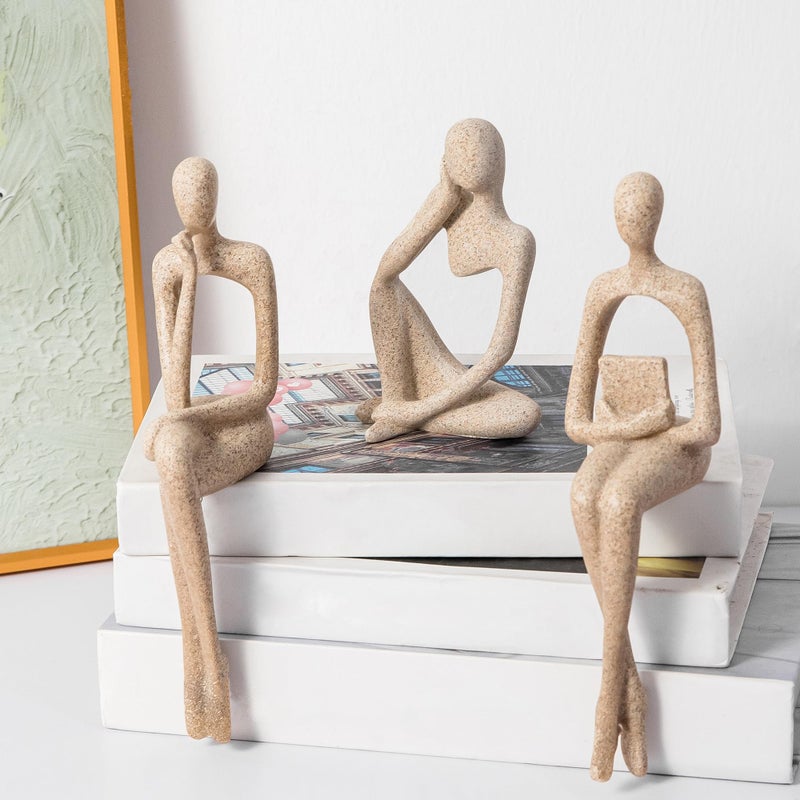 Prettidecor Gold Home Decor Thinker Statue Accents, Set of 3 Thinker Sculptures Office Decor Modern Abstract Resin Decoration on Shelf Table Desk for Living Room Office Bedroom Bookshelf Decor (Large Sandstone) - Image 1