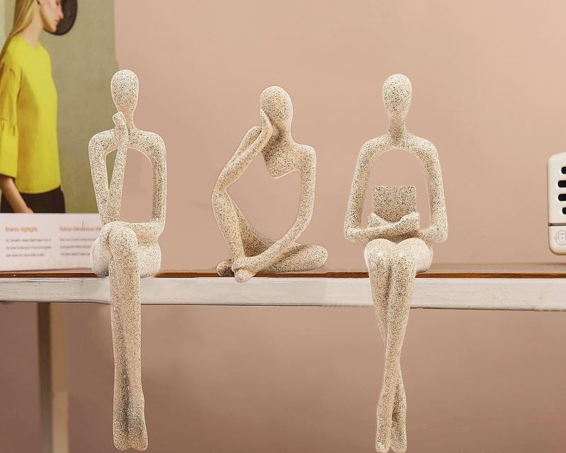 Prettidecor Gold Home Decor Thinker Statue Accents, Set of 3 Thinker Sculptures Office Decor Modern Abstract Resin Decoration on Shelf Table Desk for Living Room Office Bedroom Bookshelf Decor (Large Sandstone) - Image 2