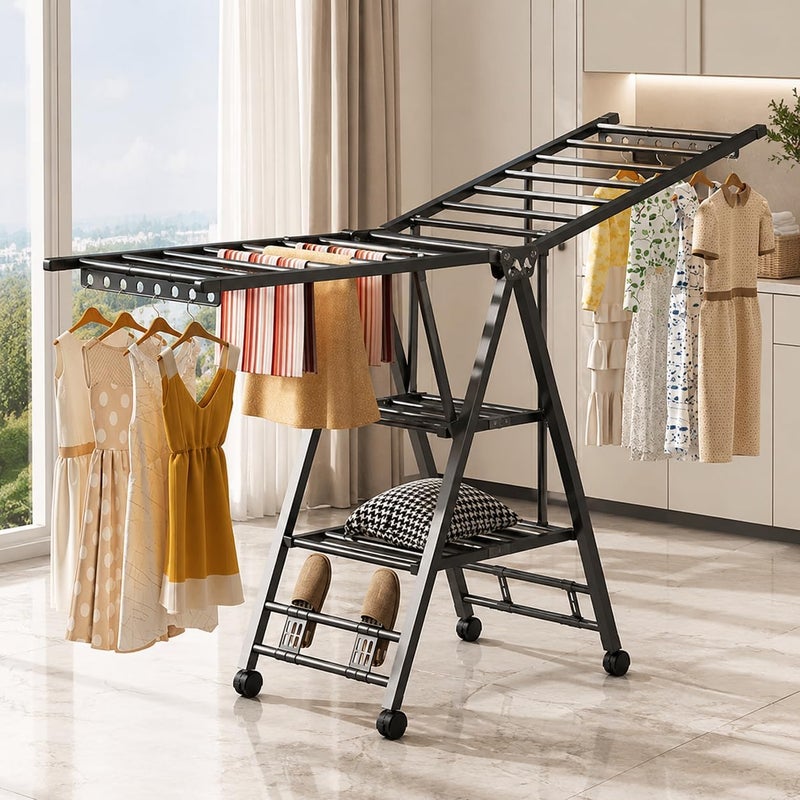 Pomefar Carbon Steel Clothes Drying Rack, 3-Tier Clothes Drying Stand, Foldable Laundry Standing Dry Racks for Indoor Outdoor Use (160cm) - Image 1