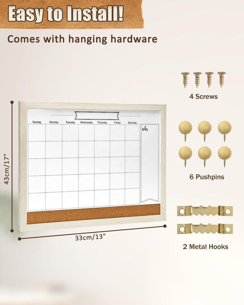 TORASO Dry Erase Calendar Whiteboard for Wall, Small Combination Magnetic Dry Erase White Board & Bulletin Board, 13" x 17"ï¼ŒWhite Frame Calendar/Cork Combo Board(WH-3343) - Image 3