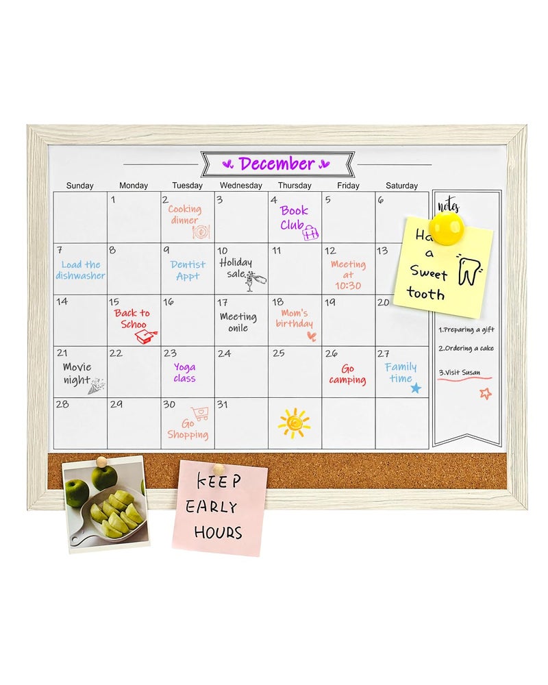 TORASO Dry Erase Calendar Whiteboard for Wall, Small Combination Magnetic Dry Erase White Board & Bulletin Board, 13" x 17"ï¼ŒWhite Frame Calendar/Cork Combo Board(WH-3343) - Image 2
