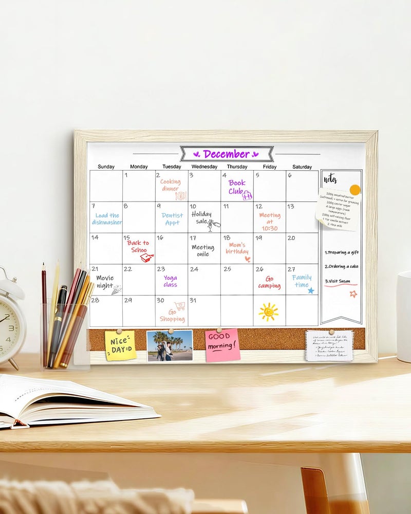TORASO Dry Erase Calendar Whiteboard for Wall, Small Combination Magnetic Dry Erase White Board & Bulletin Board, 13" x 17"ï¼ŒWhite Frame Calendar/Cork Combo Board(WH-3343) - Image 4