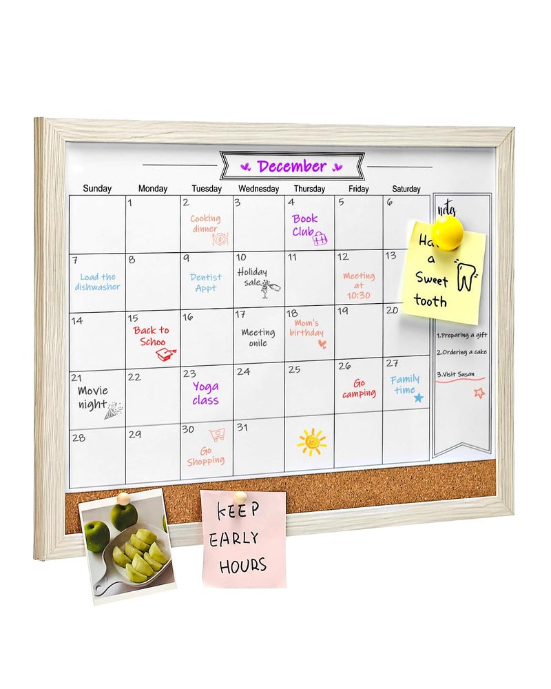 TORASO Dry Erase Calendar Whiteboard for Wall, Small Combination Magnetic Dry Erase White Board & Bulletin Board, 13" x 17"ï¼ŒWhite Frame Calendar/Cork Combo Board(WH-3343) - Image 1