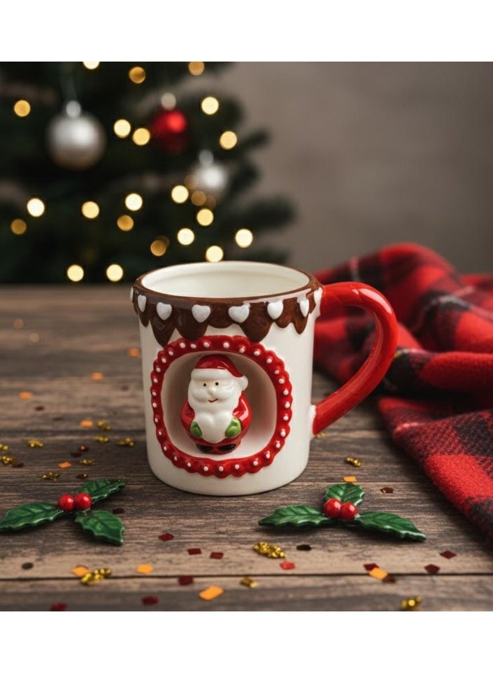 أي كي دي سي كوب سيراميك أبيض لعيد الميلاد من AKDC سعة 450 مل - تصميم تمثال سانتا ثلاثي الأبعاد مع لمسات حمراء وبنية - Image 2