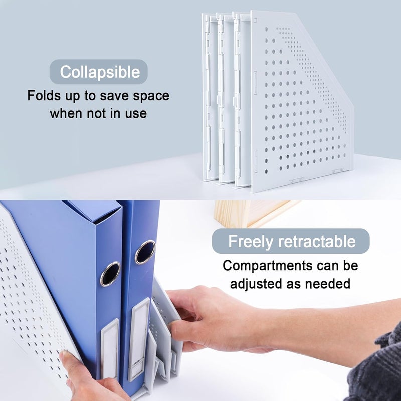 FRETONBA 2Pcs Collapsible Magazine File Holder, Binder Holder for Desk with 3 Vertical Compartments, Binder Storage Organizer for Office School Home, Light Gray - Image 3