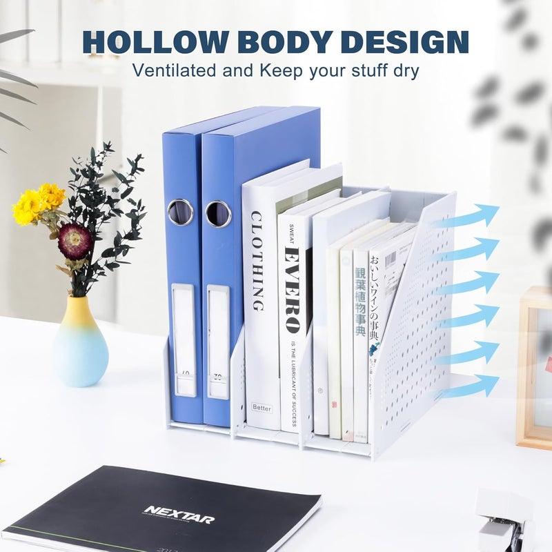 FRETONBA 2Pcs Collapsible Magazine File Holder, Binder Holder for Desk with 3 Vertical Compartments, Binder Storage Organizer for Office School Home, Light Gray - Image 5
