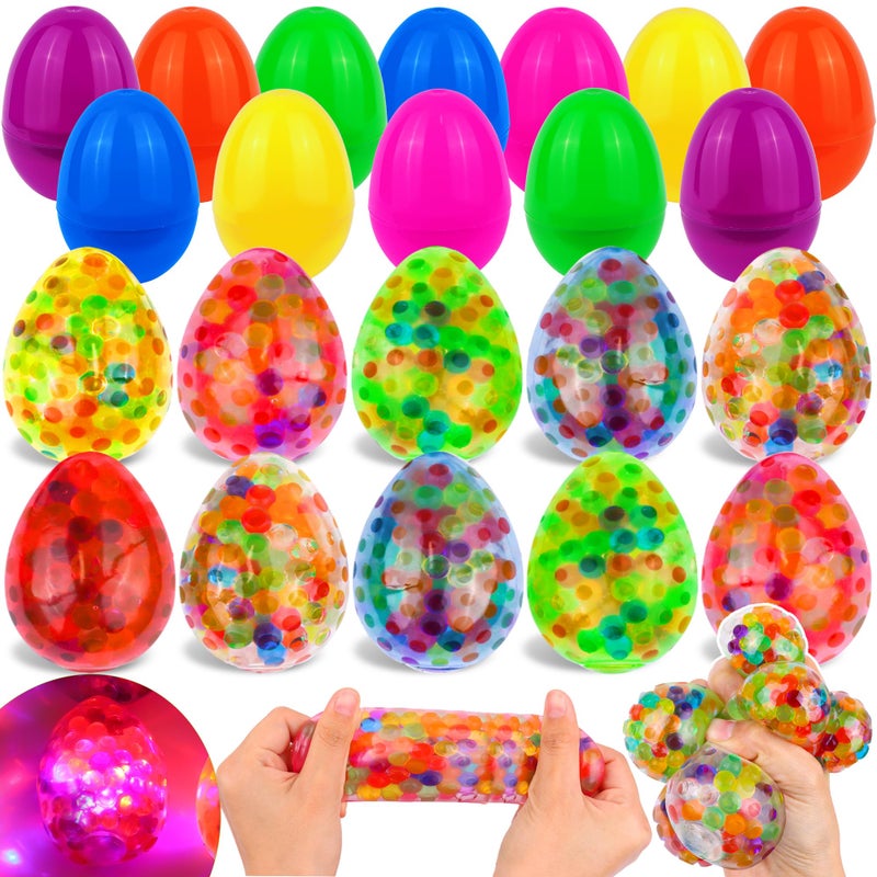 Grastfu 12 Pack Easter Eggs Fillers Light Up Fidget Stress Balls Easter Eggs Filled Toys Easter Basket Stuffers Glow In The Dark Egg Shaped Squishies Squeeze Ball for Kids Boys Girls Easter Hunt Party Favors - Image 1