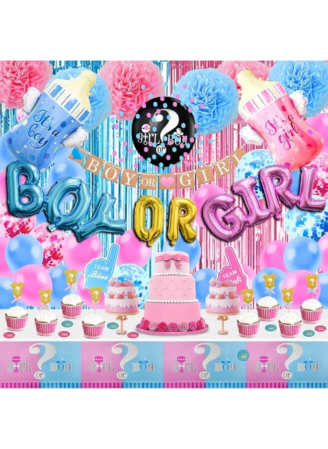 Bluegogo 124 Pcs Gender Reveal Decorations Kit, Gender Reveal Party Supplies with 36'' Gender Reveal Balloon Boy OR Girl Foil Balloon Paper Pompoms Tablecloth Photo Props for Gender Reveal Party Decorations  - Image 3
